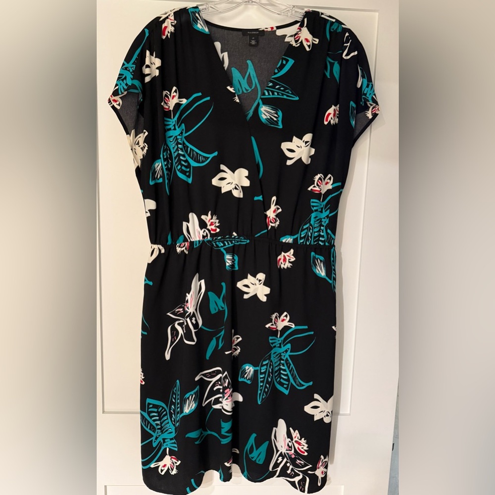 Halogen Black and Teal V-Neck Flutter Sleeve Midi Dress XL